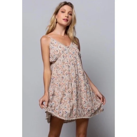 POL Taupe Small Floral Print Spaghetti Strap Sundress - Picture 5 of 8